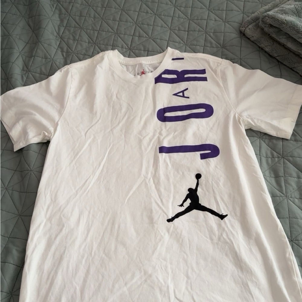 White T-Shirt with Purple and Black Graphics